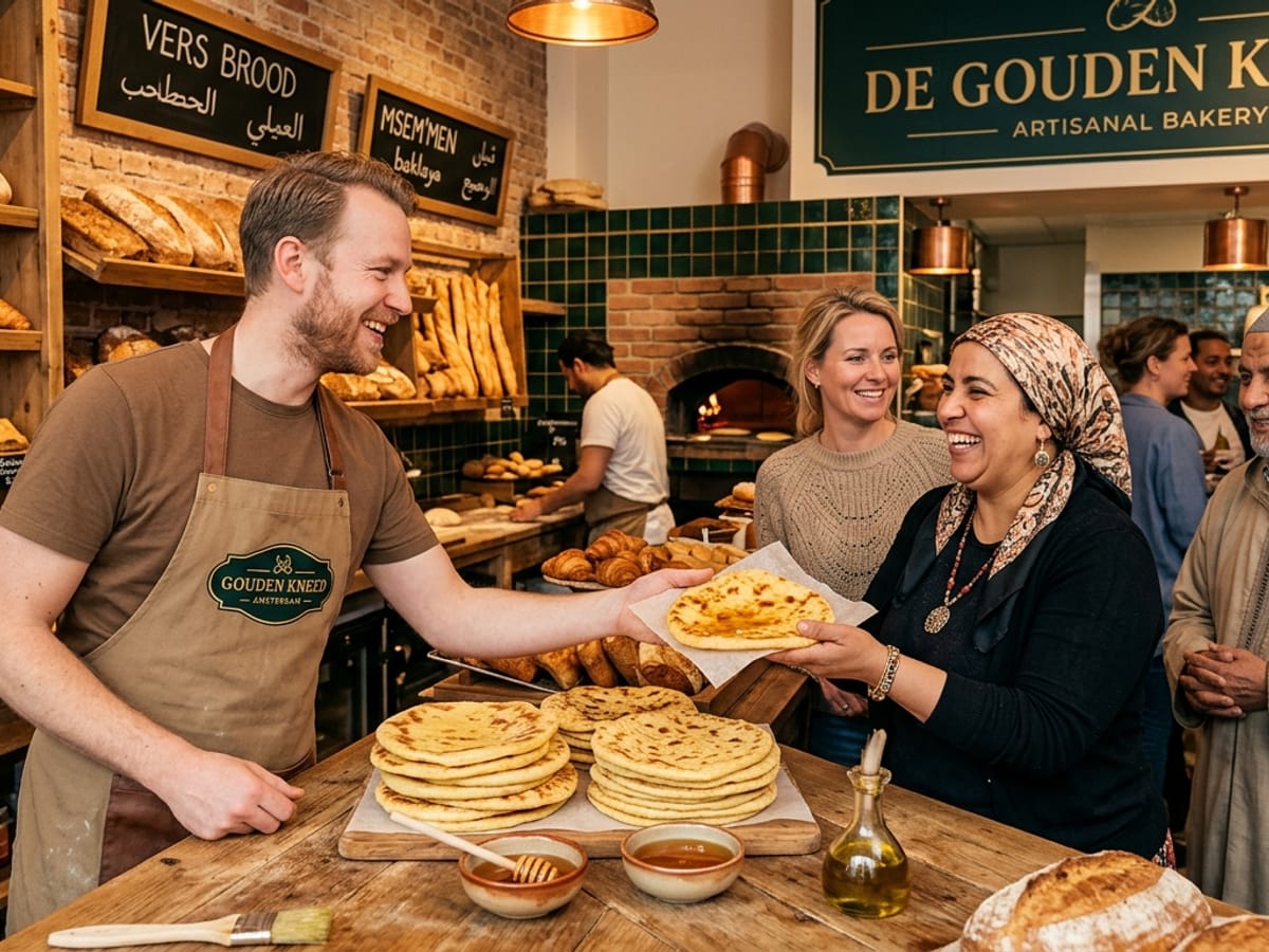 Bakker houdt een versgebakken ambachtelijk brood vast in de bakkerij